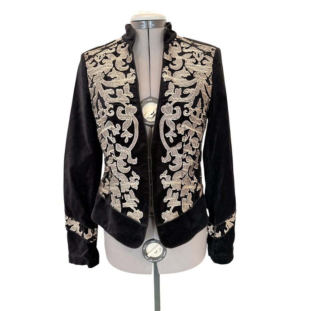 White House Black Market Velvet Embroidered Jacket Womens Black Gold Festive 4 - Picture 4 of 9
